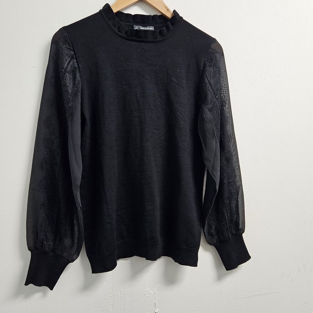 Adrianna Papell Sweater Women’s Medium Black Lace Trim Woven Sleeve Ruffle Neck